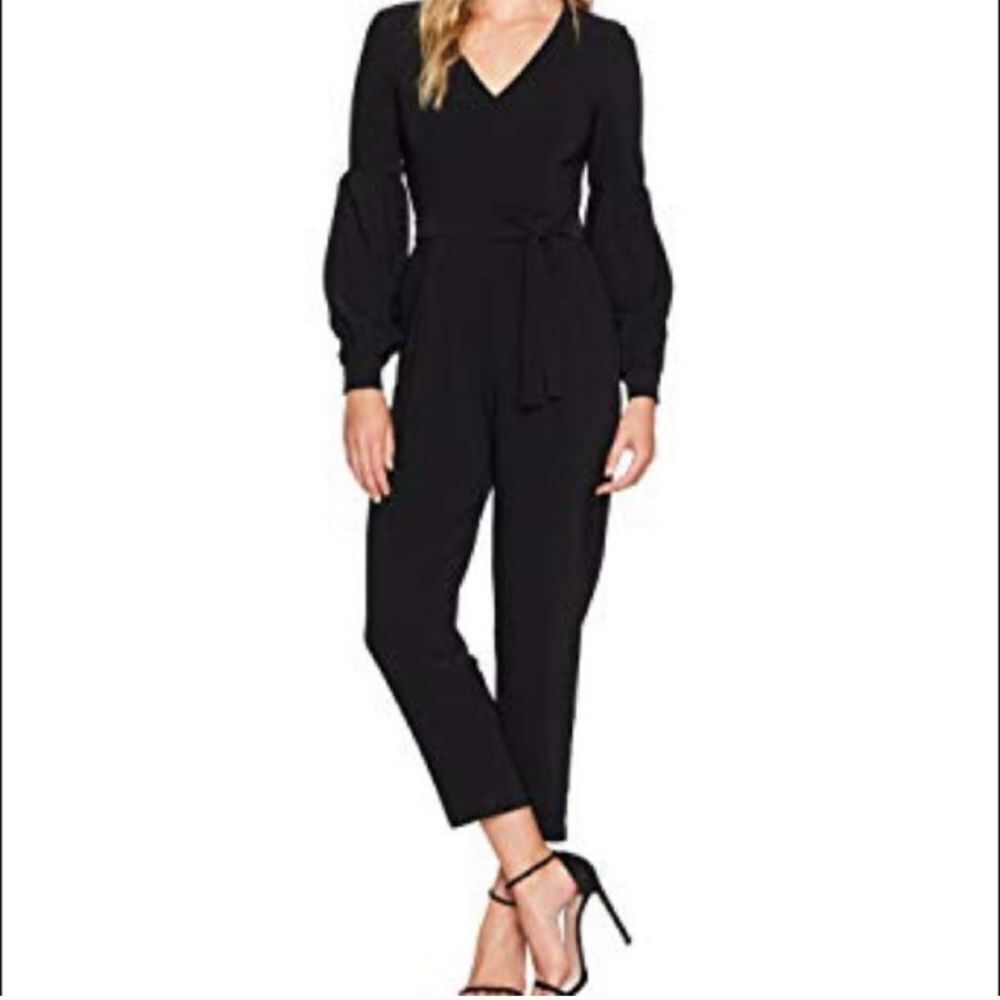 MAGGIE LONDON Womens black long sleeve V neck tie waist straight leg jumpsuit 14